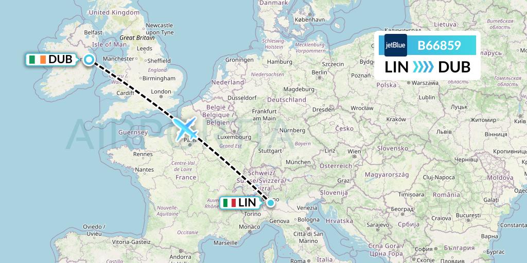 B66859 JetBlue Airways Flight Map: Milan to Dublin