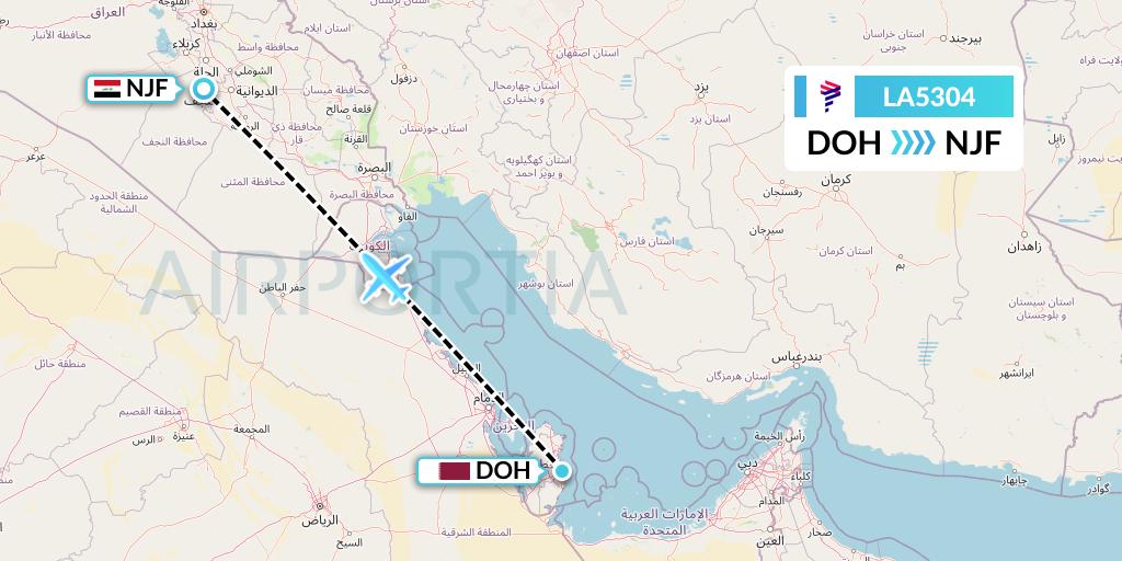 LA5304 LAN Airlines Flight Map: Doha to Najaf