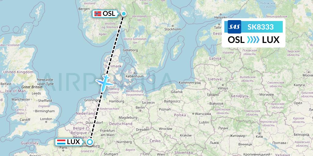 SK8333 SAS Flight Map: Oslo to Luxembourg