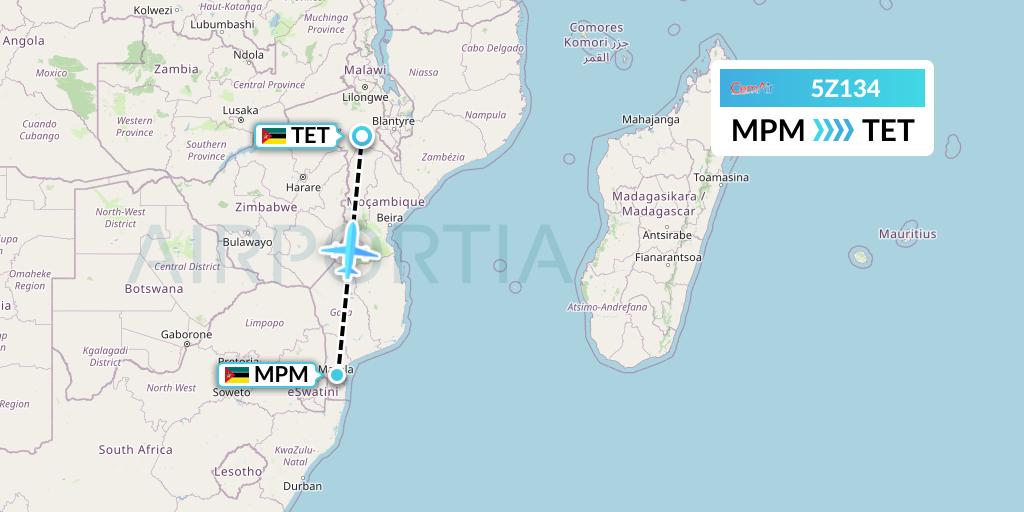 5Z134 CemAir Flight Map: Maputo to Tete