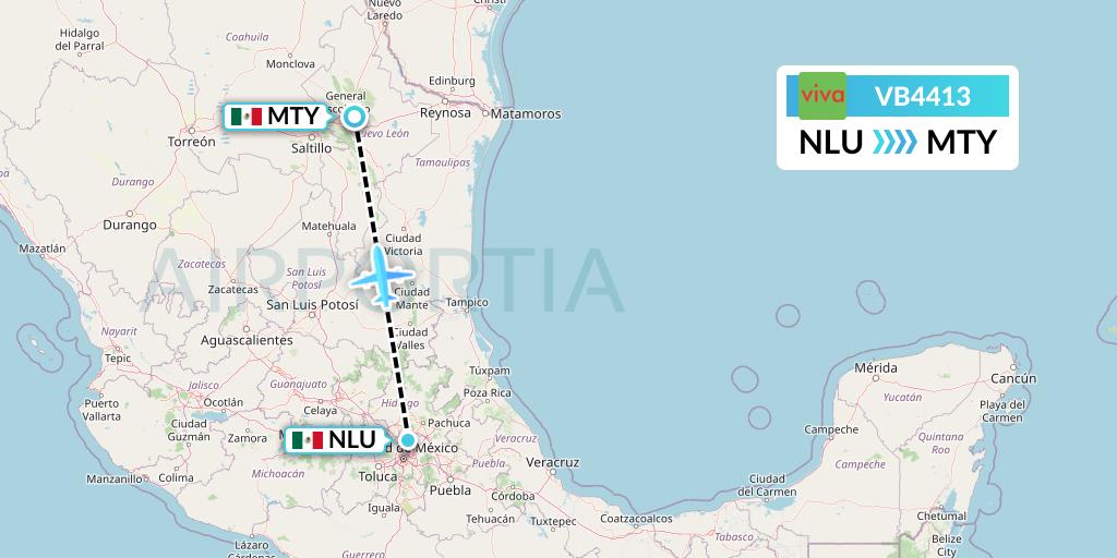 VB4413 VivaAerobus Flight Map: Reyes Acozac to Monterrey