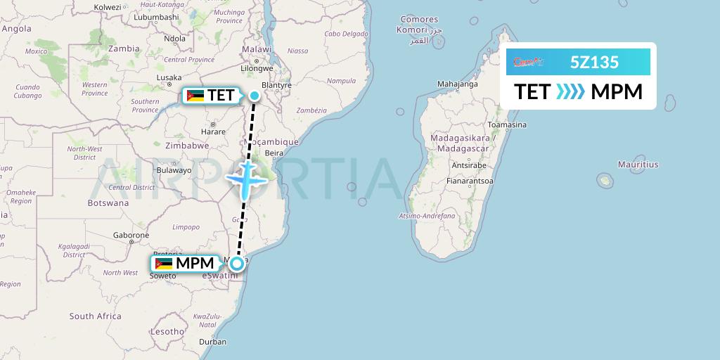 5Z135 CemAir Flight Map: Tete to Maputo