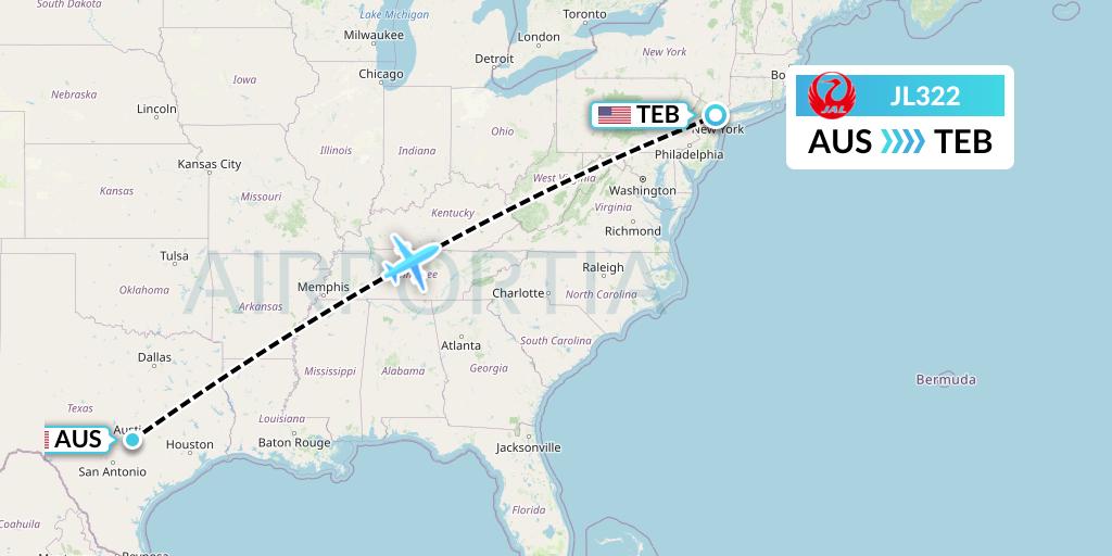 JL322 Japan Airlines Flight Map: Austin to Teterboro