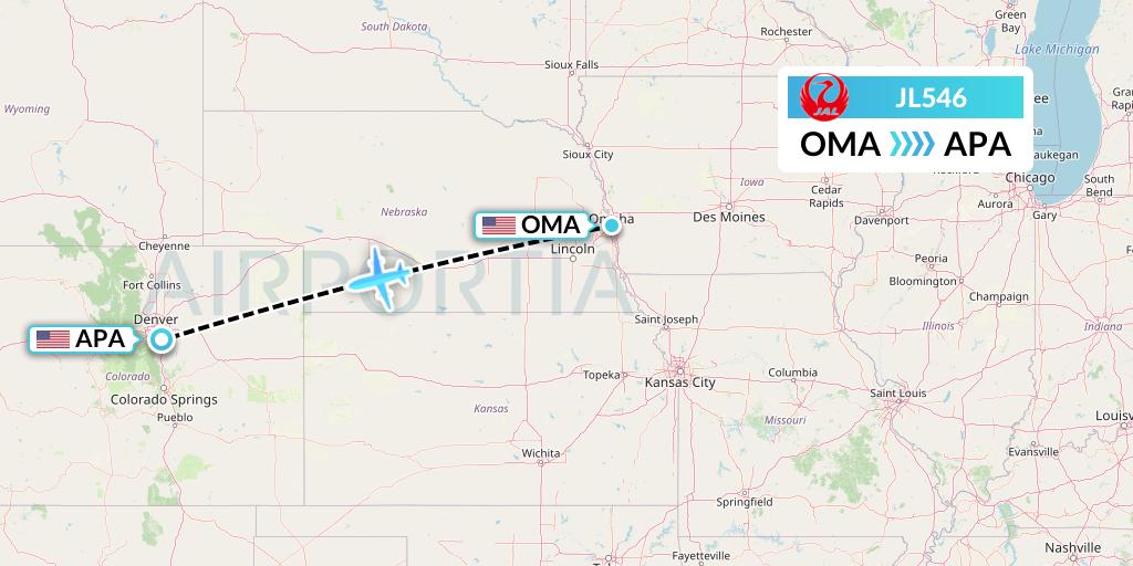 JL546 Japan Airlines Flight Map: Omaha to Denver