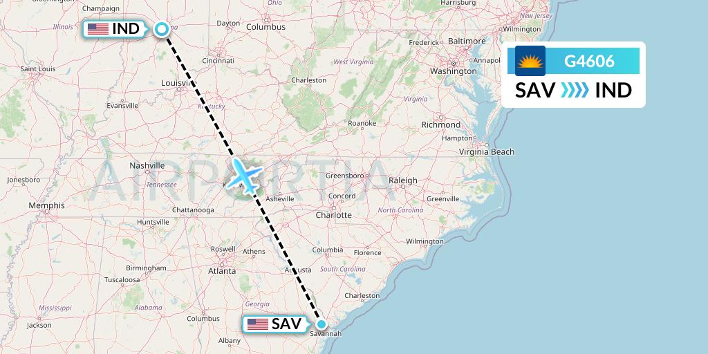G4606 Allegiant Air Flight Map: Savannah to Indianapolis