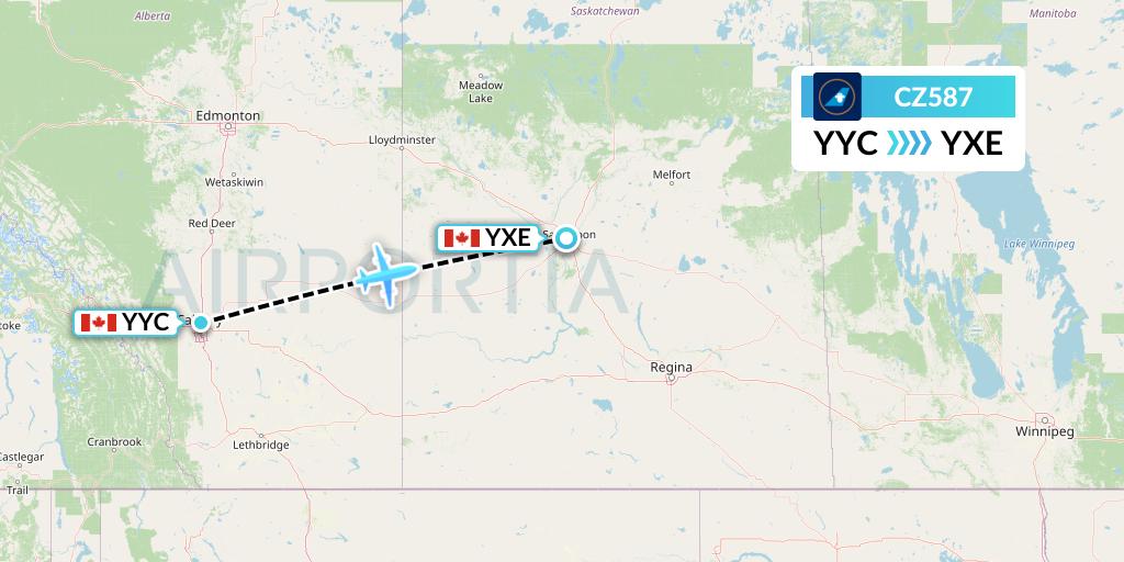 CZ587 China Southern Airlines Flight Map: Calgary to Saskatoon