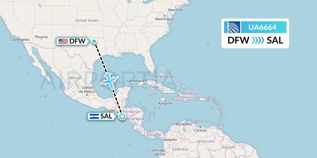UA6664 United Airlines Flight Map: Dallas to San Salvador