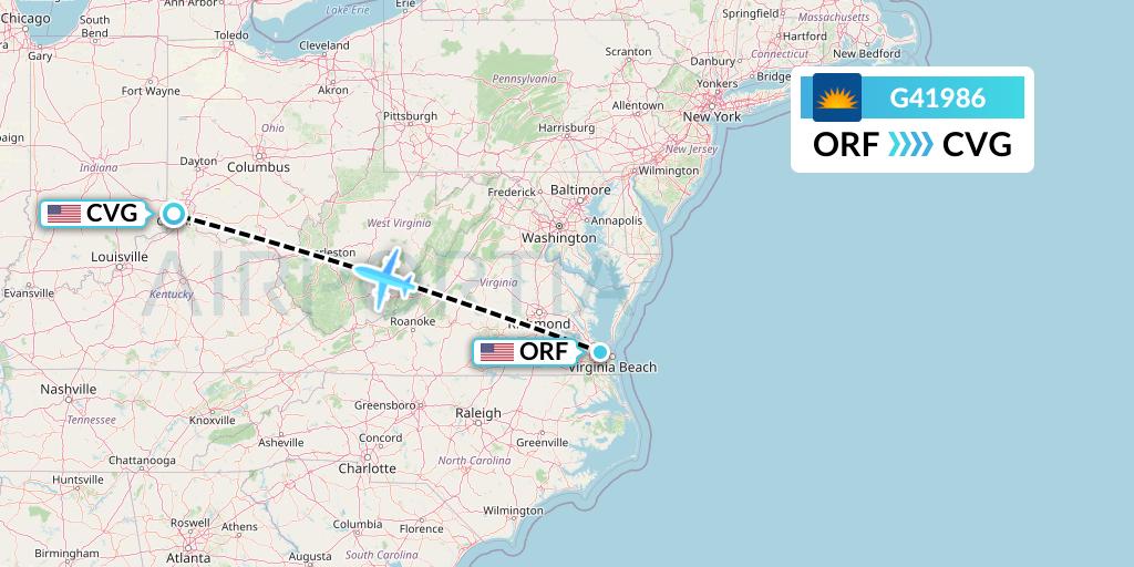 G41986 Allegiant Air Flight Map: Norfolk to Cincinnati