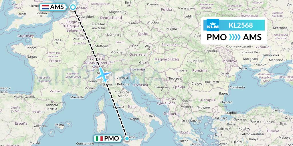 KL2568 KLM Flight Map: Palermo to Amsterdam