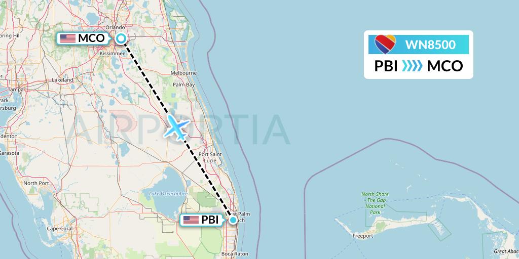 WN8500 Southwest Airlines Flight Map: West Palm Beach to Orlando