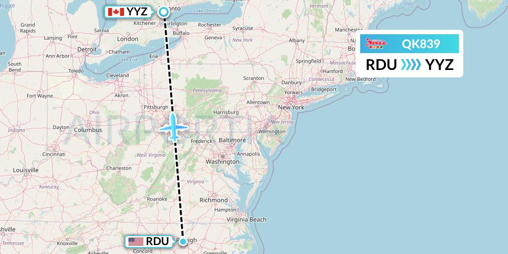 QK839 Jazz Air Flight Map: Raleigh-Durham to Toronto