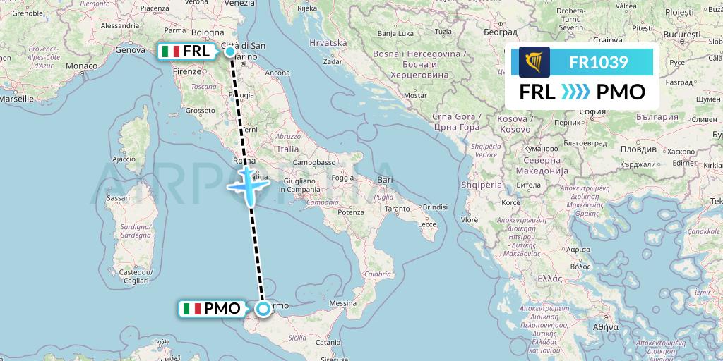 FR1039 Ryanair Flight Map: Forli to Palermo