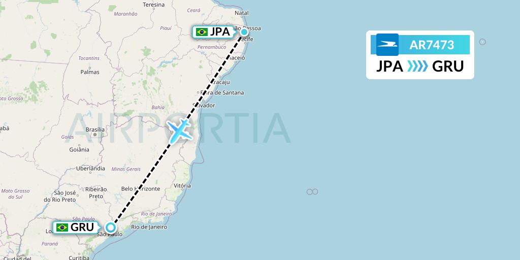 AR7473 Aerolineas Argentinas Flight Map: Joao Pessoa to Sao Paulo