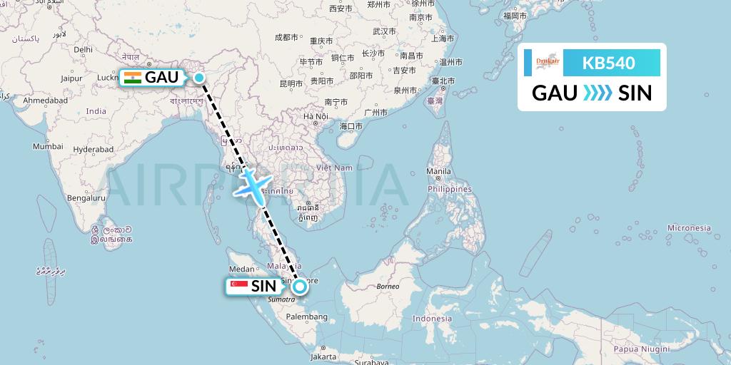 KB540 Druk Air Flight Map: Guwahati to Singapore