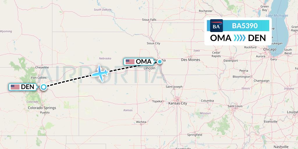 BA5390 British Airways Flight Map: Omaha to Denver