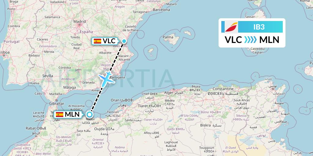 IB3 Iberia Flight Map: Valencia to Melilla