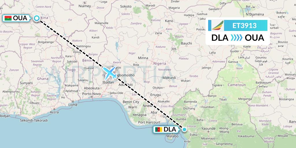 ET3913 Ethiopian Airlines Flight Map: Douala to Ouagadougou