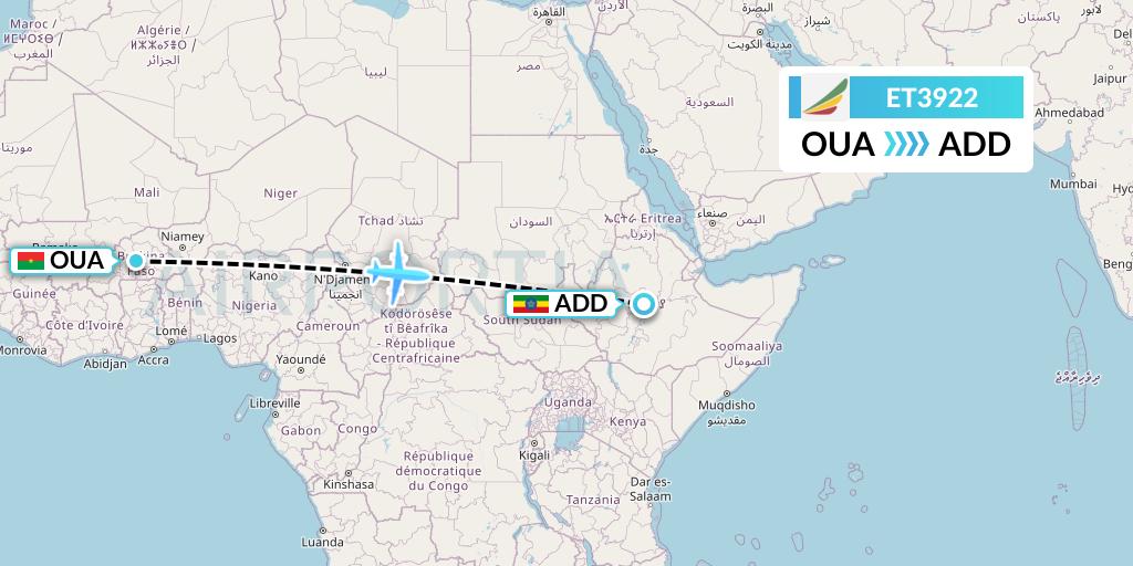 ET3922 Ethiopian Airlines Flight Map: Ouagadougou to Addis Ababa