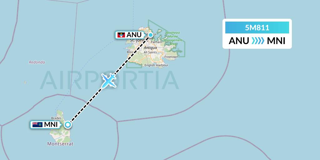 5M811 Montserrat Airways Flight Map: Antigua to Plymouth