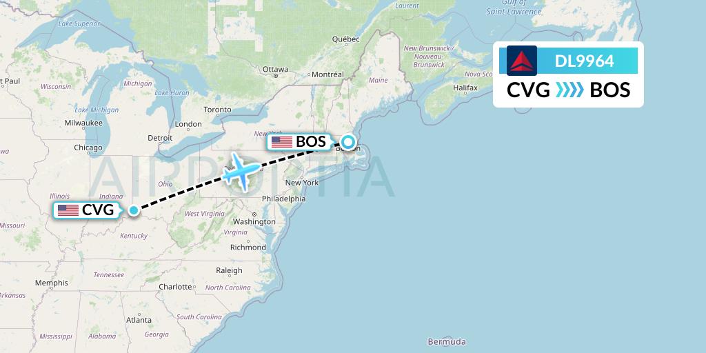 DL9964 Delta Air Lines Flight Map: Cincinnati to Boston