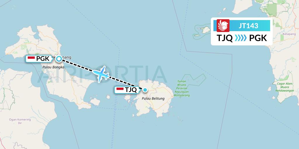 JT143 Lion Airlines Flight Map: Tanjung Pandan to Pangkal Pinang