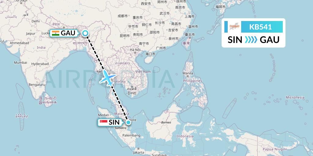 KB541 Druk Air Flight Map: Singapore to Guwahati
