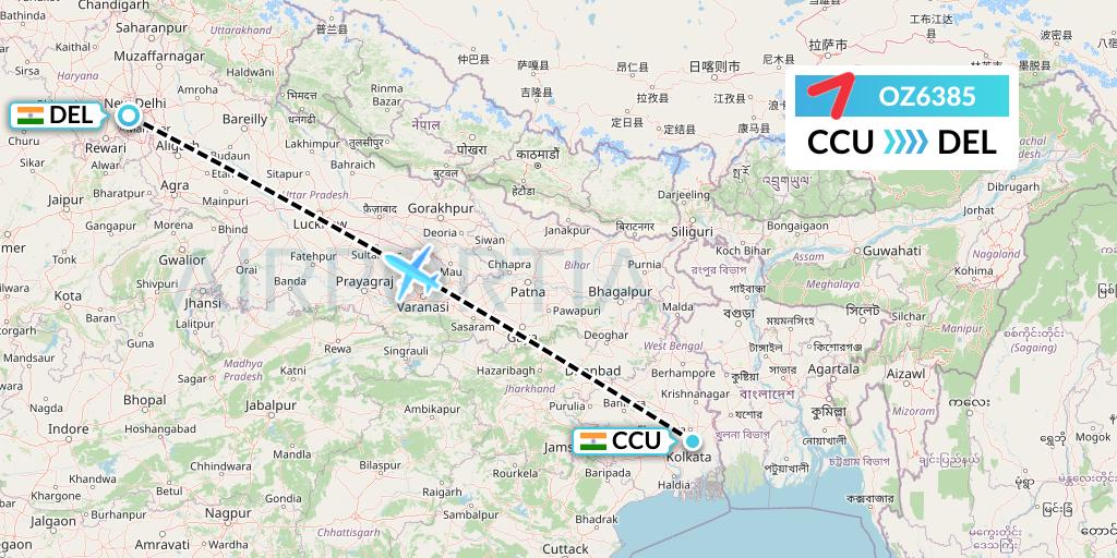 OZ6385 Asiana Airlines Flight Map: Kolkata to Delhi
