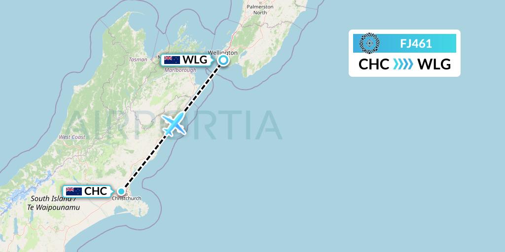 FJ461 Fiji Airways Flight Map: Christchurch to Wellington