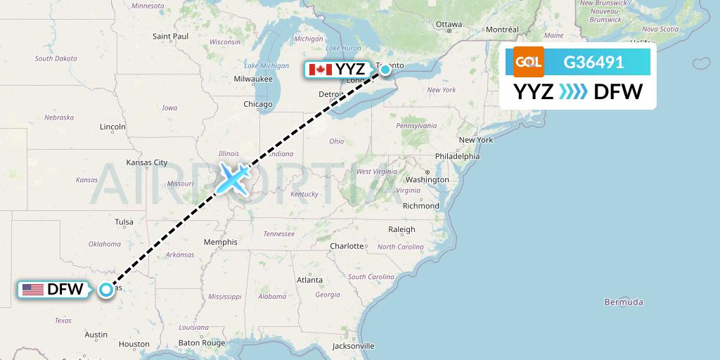 G36491 GOL Transportes Aeros Flight Map: Toronto to Dallas