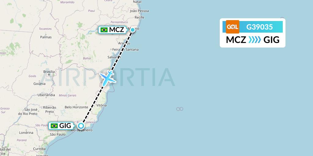 G39035 GOL Transportes Aeros Flight Map: Maceio to Rio de Janeiro
