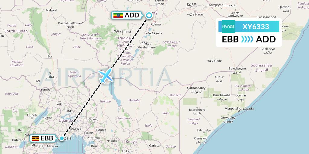 XY6333 Flynas Flight Map: Entebbe to Addis Ababa