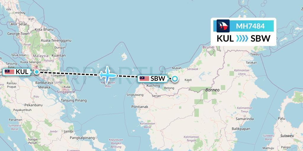 MH7484 Malaysia Airlines Flight Map: Kuala Lumpur to Sibu