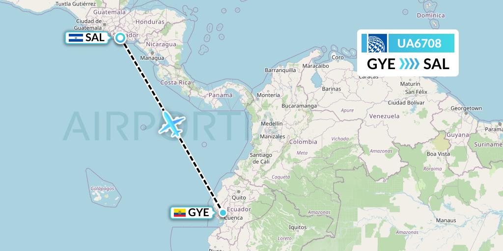 UA6708 United Airlines Flight Map: Guayaquil to San Salvador