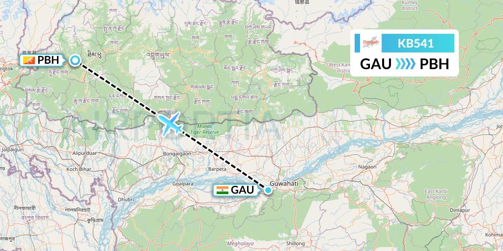 KB541 Druk Air Flight Map: Guwahati to Paro