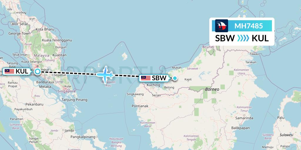 MH7485 Malaysia Airlines Flight Map: Sibu to Kuala Lumpur