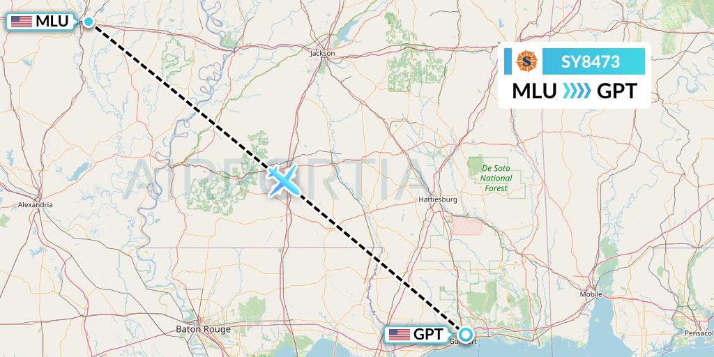 SY8473 Sun Country Airlines Flight Map: Monroe to Gulfport