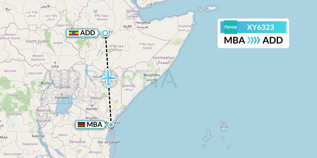 XY6323 Flynas Flight Map: Mombasa to Addis Ababa