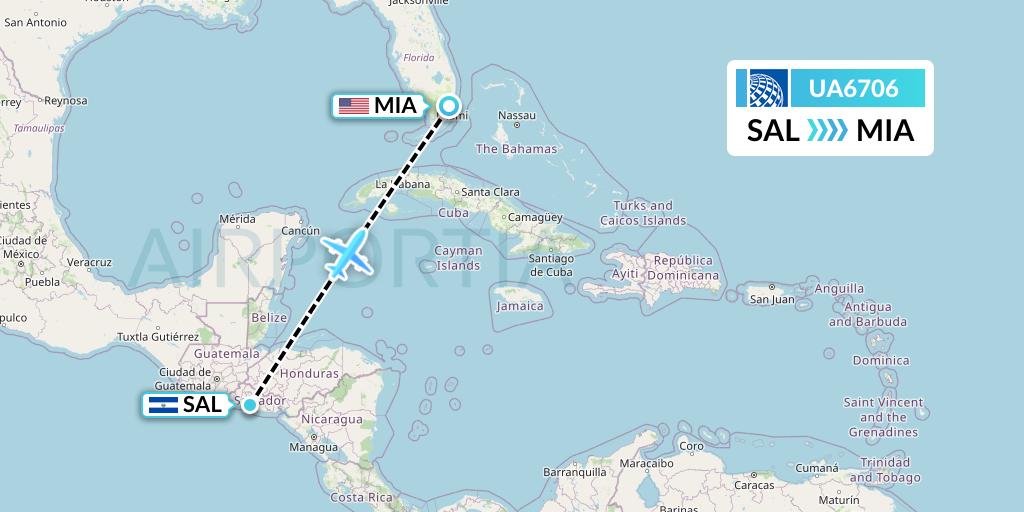 UA6706 United Airlines Flight Map: San Salvador to Miami