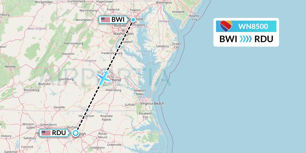 WN8500 Southwest Airlines Flight Map: Baltimore to Raleigh-Durham