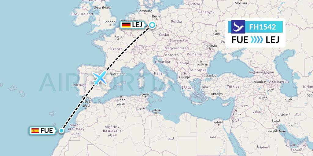 FH1542 Freebird Airlines Flight Map: Fuerteventura to Leipzig
