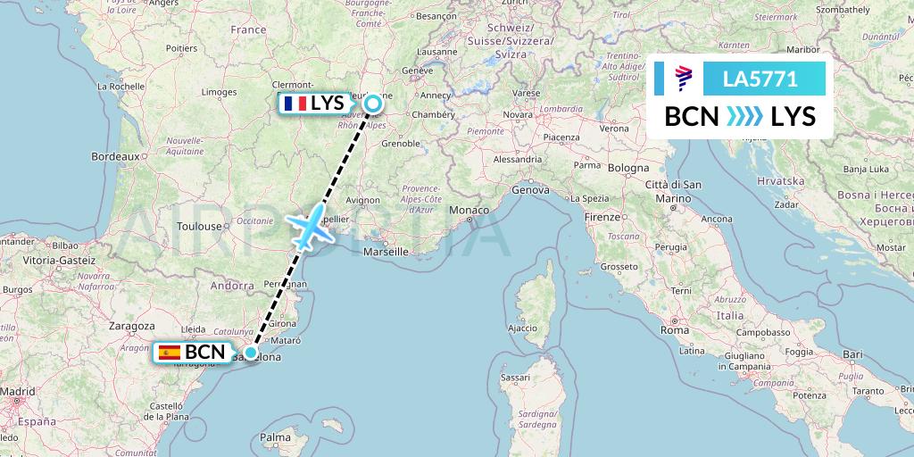 LA5771 LAN Airlines Flight Map: Barcelona to Lyon