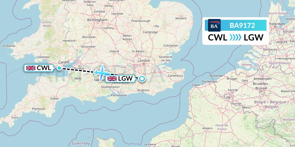 BA9172 British Airways Flight Map: Cardiff to London