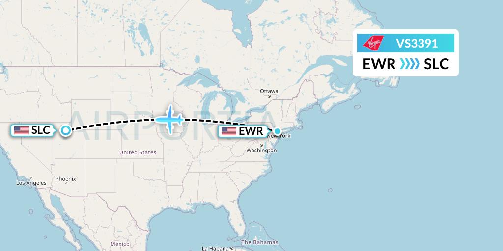 VS3391 Virgin Atlantic Airways Flight Map: New York to Salt Lake City