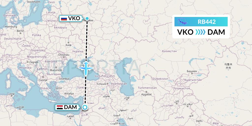 RB442 Syrian Air Flight Map: Moscow to Damascus