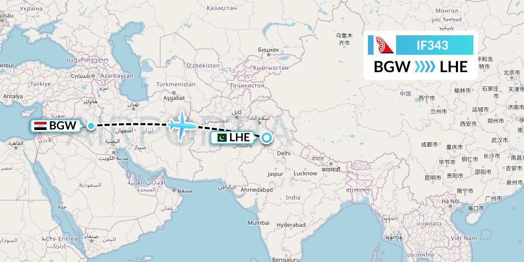 IF343 Fly Baghdad Flight Map: Baghdad to Lahore