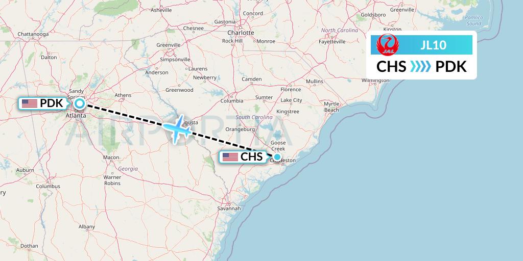 JL10 Japan Airlines Flight Map: Charleston to Atlanta
