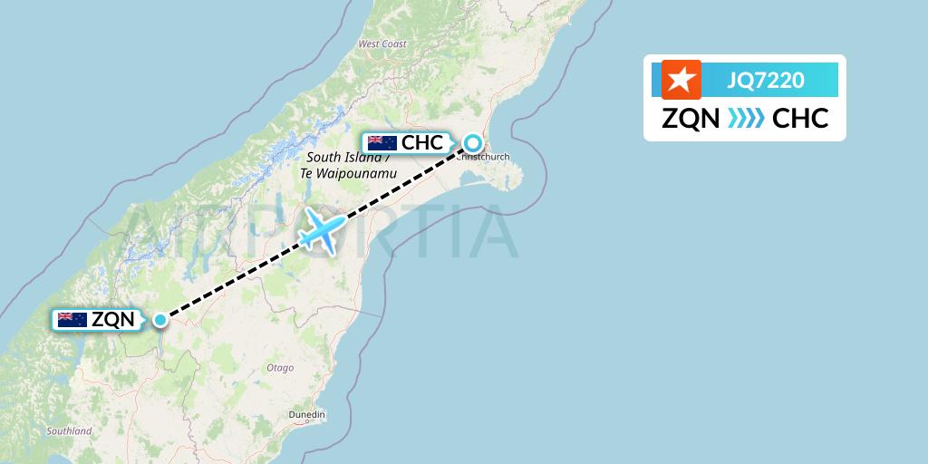 JQ7220 Jetstar Airways Flight Map: Queenstown to Christchurch
