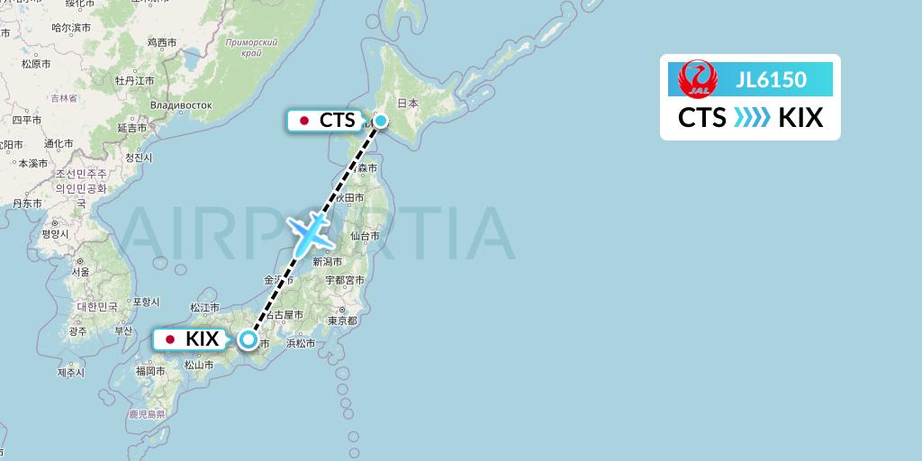 JL6150 Japan Airlines Flight Map: Sapporo to Osaka