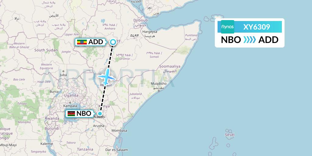 XY6309 Flynas Flight Map: Nairobi to Addis Ababa