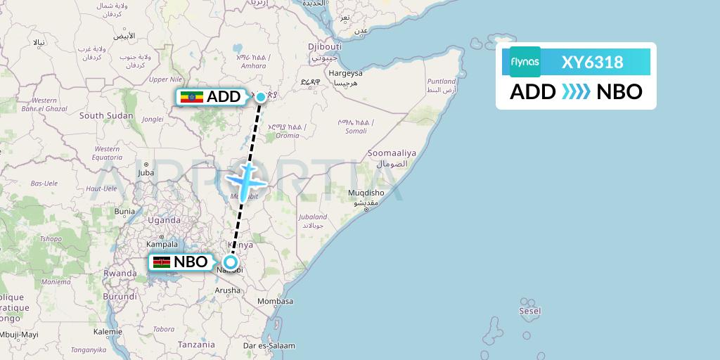 XY6318 Flynas Flight Map: Addis Ababa to Nairobi